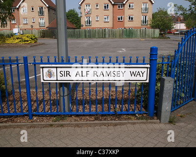 Street sign for Sir Alf Ramsey Way at Portman Road, home ground of Ipswich Town Football Club Stock Photo