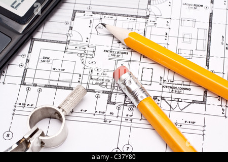 engineering and architecture drawings with pencil Stock Photo