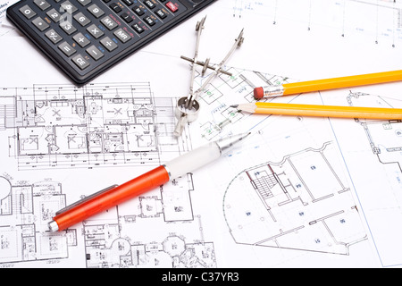 engineering and architecture drawings with pencil Stock Photo