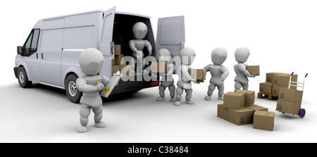 3D removal van and men with boxes isolated Stock Photo