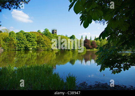 St. Mary's church above Lymm dam. Stock Photo