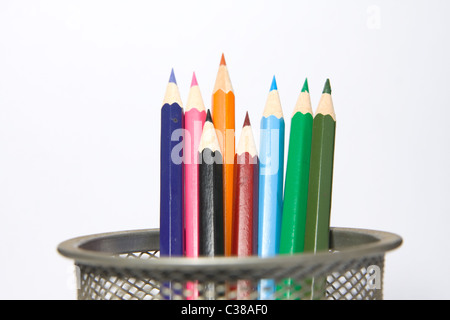 Pencil crayons, container Stock Photo