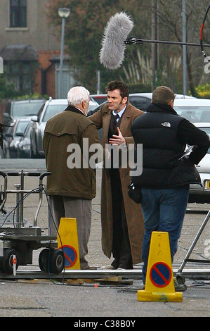 David Tennant and Bernard Cribbins filming on the set of the BBC's 'Doctor Who' London, England - 06.04.09 Stock Photo