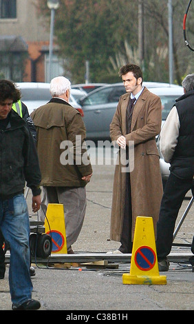 David Tennant and Bernard Cribbins filming on the set of the BBC's 'Doctor Who' London, England - 06.04.09 Stock Photo