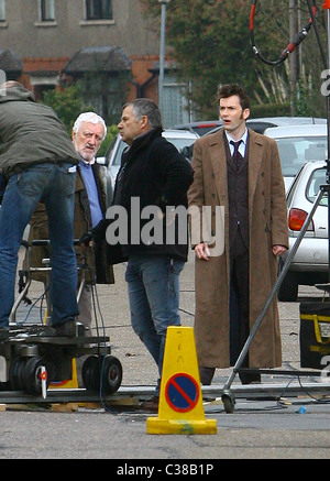 David Tennant and Bernard Cribbins filming on the set of the BBC's 'Doctor Who' London, England - 06.04.09 Stock Photo