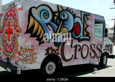 Blood bank truck Pop punk rock band Fall Out Boy have revamped the doughnut delivery truck used in their video 'I Don't Care' Stock Photo