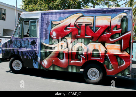 Blood bank truck Pop punk rock band Fall Out Boy have revamped the doughnut delivery truck used in their video 'I Don't Care' Stock Photo