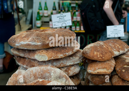 Italian sourdough ring loaf, Bread stall, Borough Market, Southwark, London, UK Stock Photo