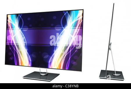 Front and side view of a thin led TV isolated on white with reflection ...