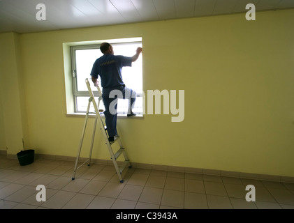 Man on ladder cleaning window Stock Photo