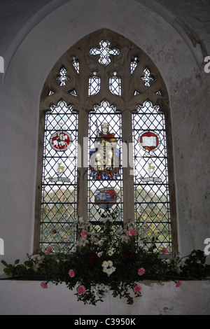 Stain glass windows of St Nectans church in the village of Stoke Hartland Devon Stock Photo