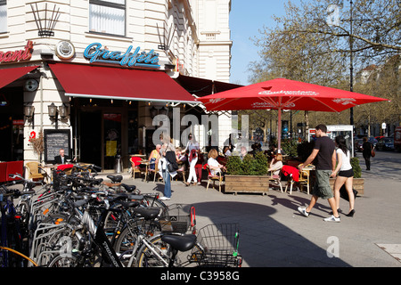 Berlin, sidewalk restaurant and cafe Graffiti at the Adenauerplatz, part of the Kurfuerstendamm. EU/DE/DEU/ Germany/ Capitol Stock Photo