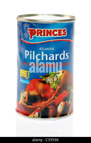 155 gram tin of Princes Atlantic Pilchards in a rich tomato sauce Stock Photo