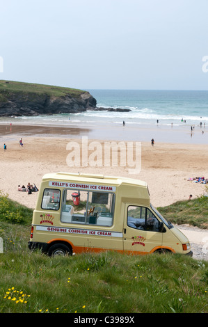 An ice-cream van behind the blue flag beach at Treyarnon Bay near Padstow, Cornwall Stock Photo