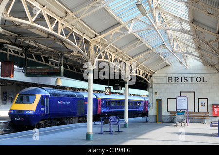 Bristol Temple meads railway station with a First great western HST service waiting at  a platform. Stock Photo