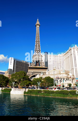 Paris and Ballys Hotel Casino, Las Vegas, with lake on strip. Stock Photo