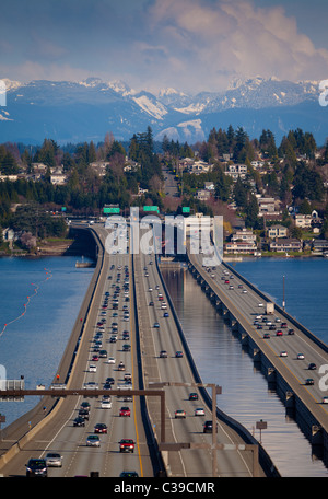 I-90 floating bridge in Seattle, crossing Lake Washington Stock Photo ...