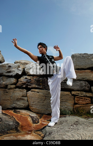Chinese man doing martial arts on rocks Stock Photo