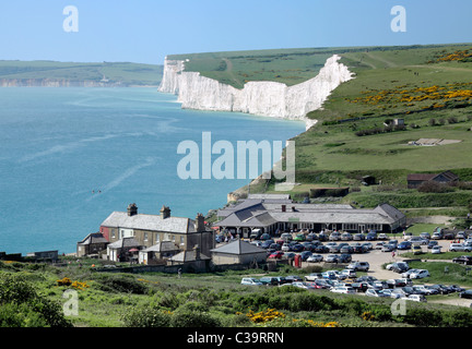 Birling Gap, between the Seven Sisters cliffs (background) and Beachy Head, East Sussex. Part of the South Downs National Park. Stock Photo