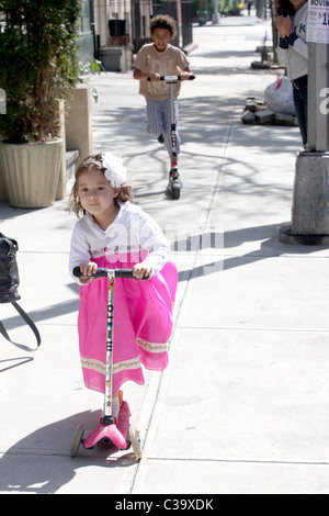 Ava Eliot Jackman and son Oscar Maximillian Jackman on their scooters Hugh Jackman and his wife enjoy a day out and about in Stock Photo