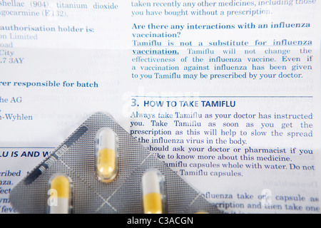 Illustrative image of a Tamiflu information leaflet and tablet pack. Stock Photo