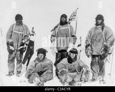 Robert Falcon Scott and members of his Terra Nova Expedition of 1910 - 1913 at the South Pole in Antarctica in January 1912. Stock Photo