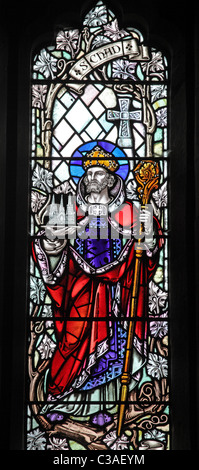 A stained glass window depicting St Chad, founder of Lichfield Cathedral, All Saints Church, Chebsey, Staffordshire Stock Photo