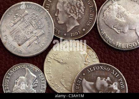 eighteenth and nineteenth century spain old coins Alfonso XIII Carlos III Isabel II Amadeo I Stock Photo