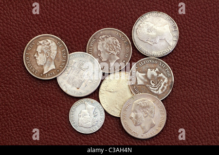 eighteenth and nineteenth century spain old coins Alfonso XIII Carlos III Isabel II Amadeo I Stock Photo