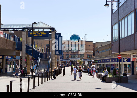 Shops and entrance to Barnsley Borough Market on Cheapside in the town centre, Barnsley, West Yorkshire, UK Stock Photo