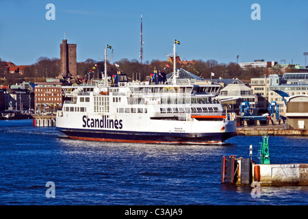 Scandlines ferry Aurora leaving Helsingborg harbour in Sweden bound for Elsinore in Denmark Stock Photo