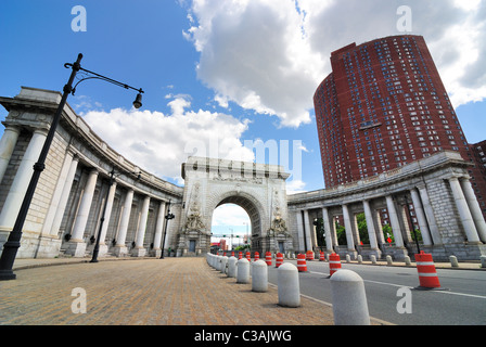 The Manhattan Bridge entrance in New York City. Stock Photo