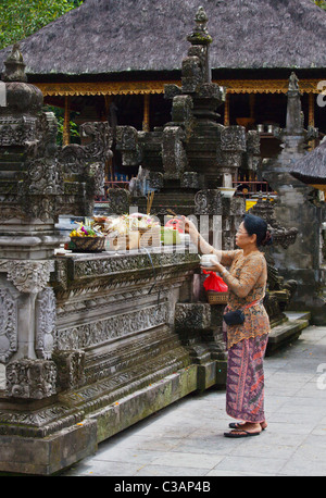 A BALINESE WOMAN makes offerings at PURA TIRTA EMPUL a Hindu Temple complex and cold springs - TAMPAKSIRING, BALI, INDONESIA Stock Photo