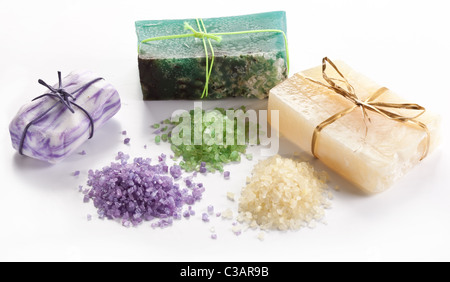 Range of different soaps on a white background. Stock Photo