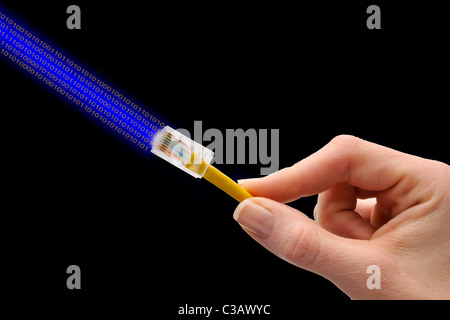 hand holding cat 5 network cable in fingers Stock Photo