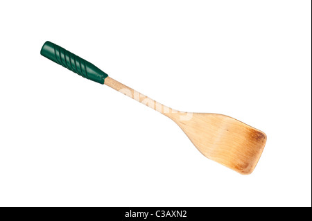 A wooden spatula with green vinyl handle isolated on white Stock Photo