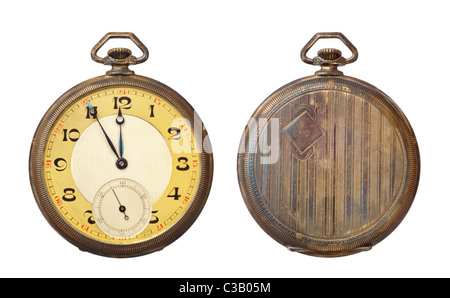 Old antique pocket watch isolated on white background. Clipping path included. Stock Photo