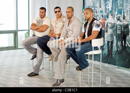 Lenny Santos, Max Santos, Anthony Romeo Santos and Henry Santos Jeter Aventura hold a press conference to promote their latest Stock Photo