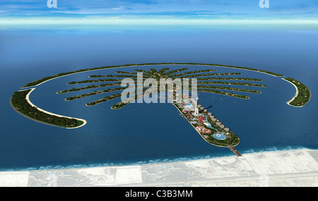 United Arab Emirates Dubaï Palm Island artificial Island built on the sea off the city (3D simulation) - copyright Palm Island- Stock Photo