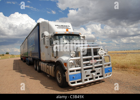 Impressive road train in Australia's outback Queensland on the highway from Longreach to Winton Stock Photo