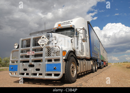 Impressive road train in Australia's outback Queensland on the highway from Longreach to Winton Stock Photo