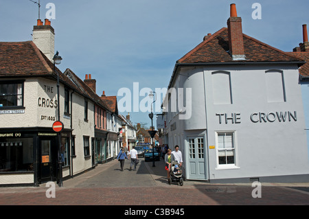 The Cross Corner leading on to the Thoroughfare, Woodbridge, Suffolk, UK. Stock Photo