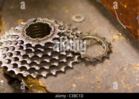 Tools, parts and bikes - backstage in a bicycle workshop Stock Photo