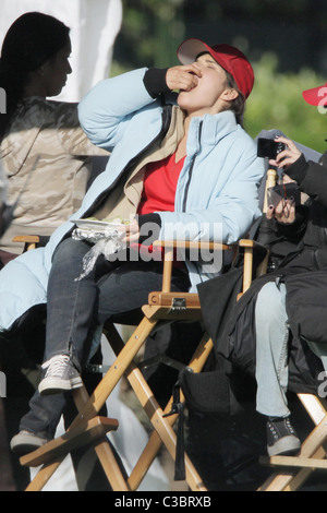 America Ferrera relaxes and eats a salad during a break from filming 'Ugly Betty' Los Angeles, California - 03.06.09 Mandatory Stock Photo