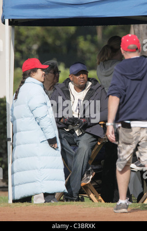 America Ferrera chats with Forest Whitaker during a break from filming 'Ugly Betty' Los Angeles, California - 03.06.09 Stock Photo