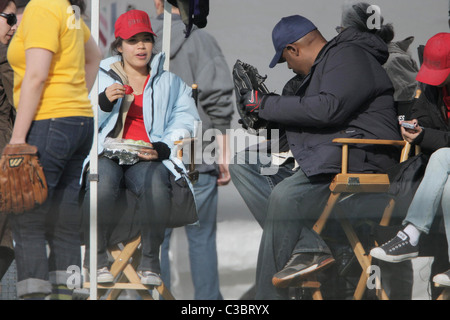 America Ferrera chats with Forest Whitaker during a break from filming 'Ugly Betty' Los Angeles, California - 03.06.09 Stock Photo