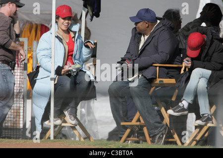 America Ferrera chats with Forest Whitaker during a break from filming 'Ugly Betty' Los Angeles, California - 03.06.09 Stock Photo