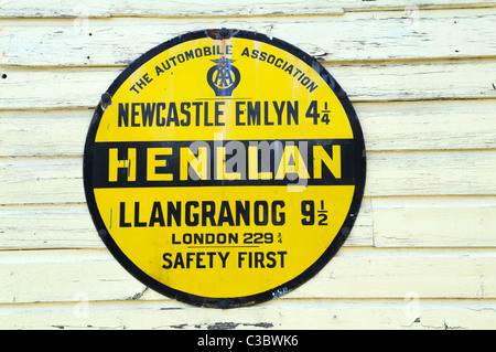 Old AA road sign on Teifi Valley Narrow Gauge Railway Station Henllan Carmarthenshire Wales Cymru UK GB Stock Photo