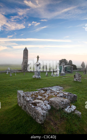 Dawn at Clonmacnoise monastic site, County Offaly, Ireland. Stock Photo