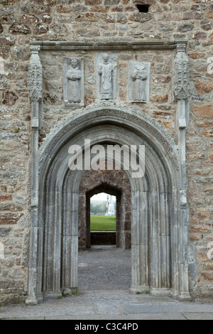 Stone carvings of the saints over the north door of Clonmacnoise cathedral, County Offaly, Ireland. Stock Photo